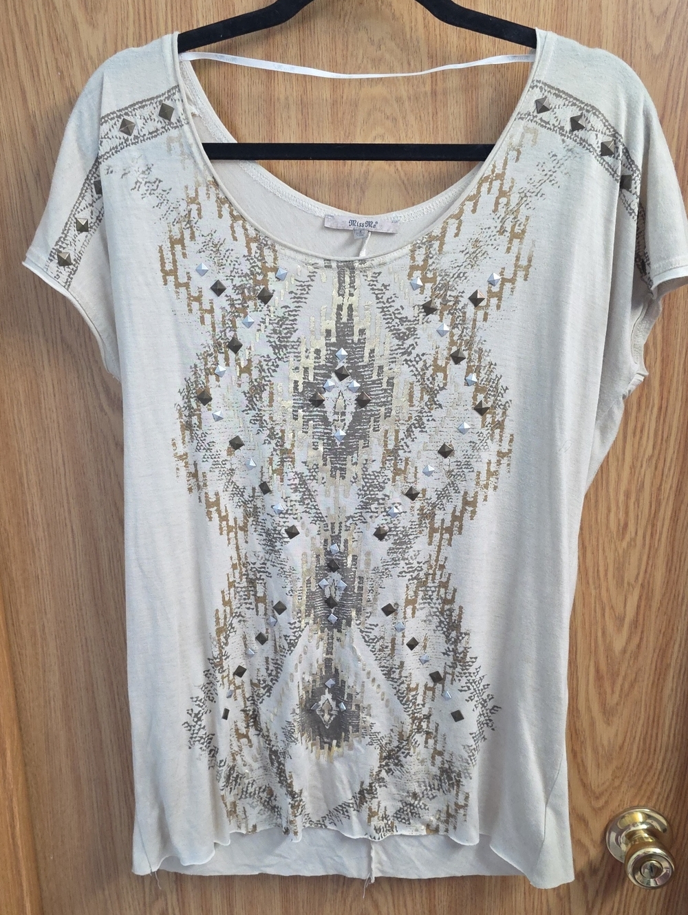 MissMe Light Beige Scoop Neck Top with Metallic Accents And Fringe On Back Side